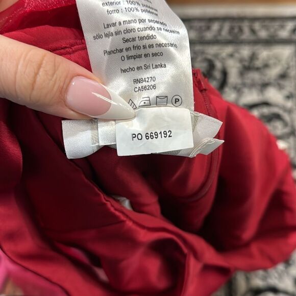 David's Bridal Red Satin Dress F14556 with Sheer Shawl Tea length Wide Strap - Picture 7 of 11